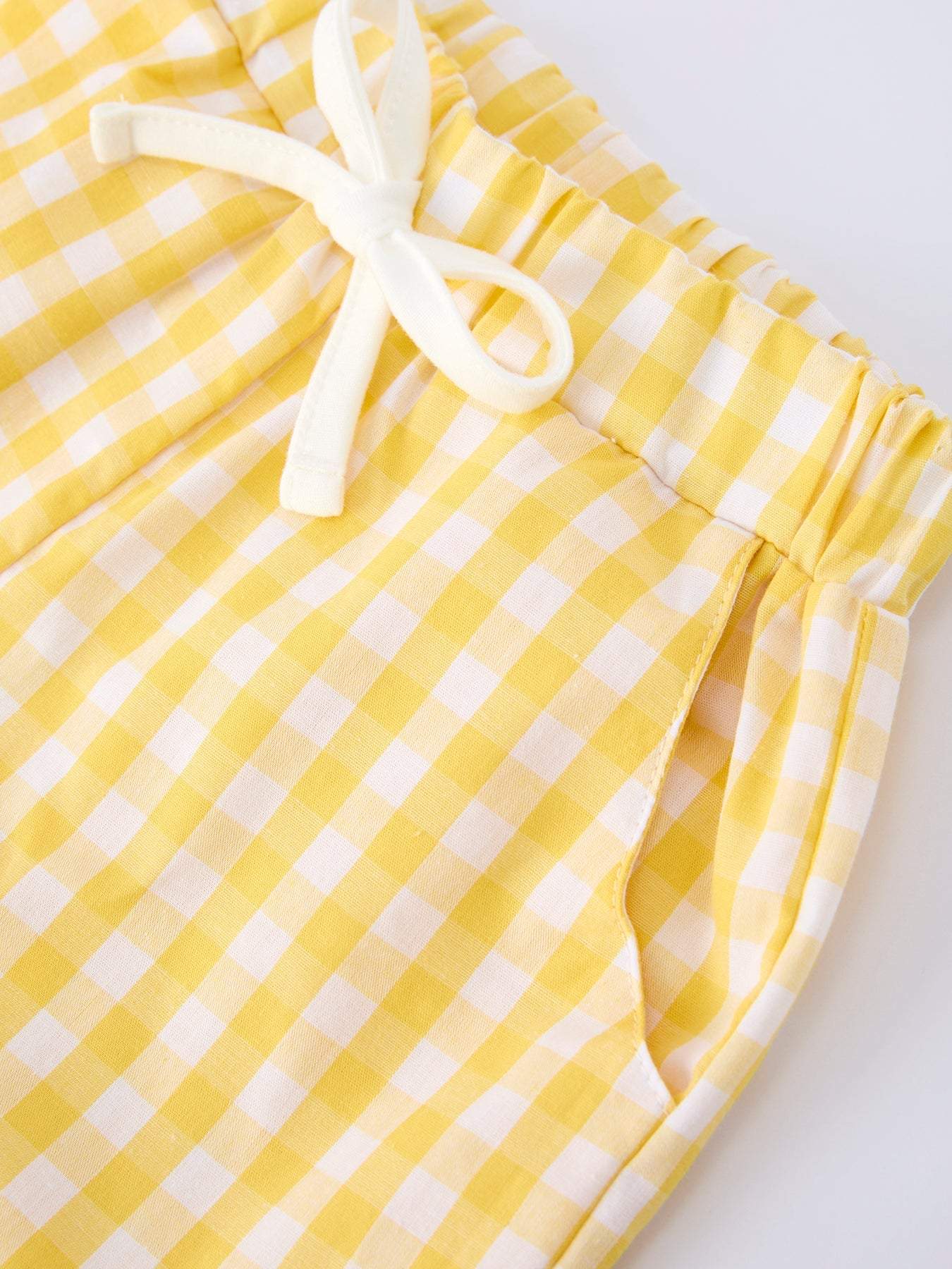 Back To School School Bus Boys Set Plaid Shorts Outfit - fabric and material close-up