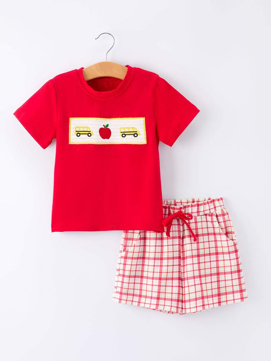 Back To School School Bus Boys Set Red Plaid Shorts