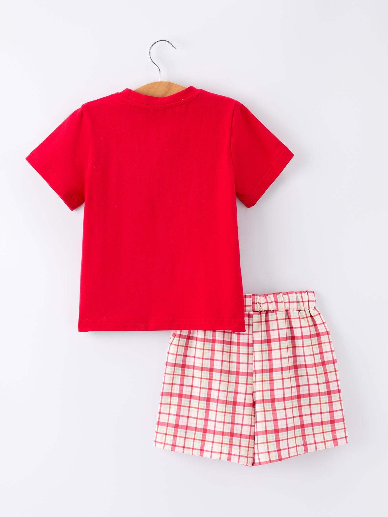 Back To School School Bus Boys Set Red Plaid Shorts Outfit - detail view