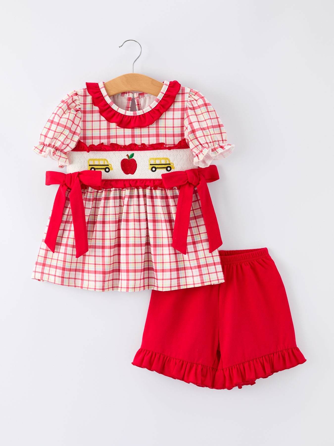 Back To School School Bus Embroidery Plaid Girls Set Ruffle Bow Outfit - front view