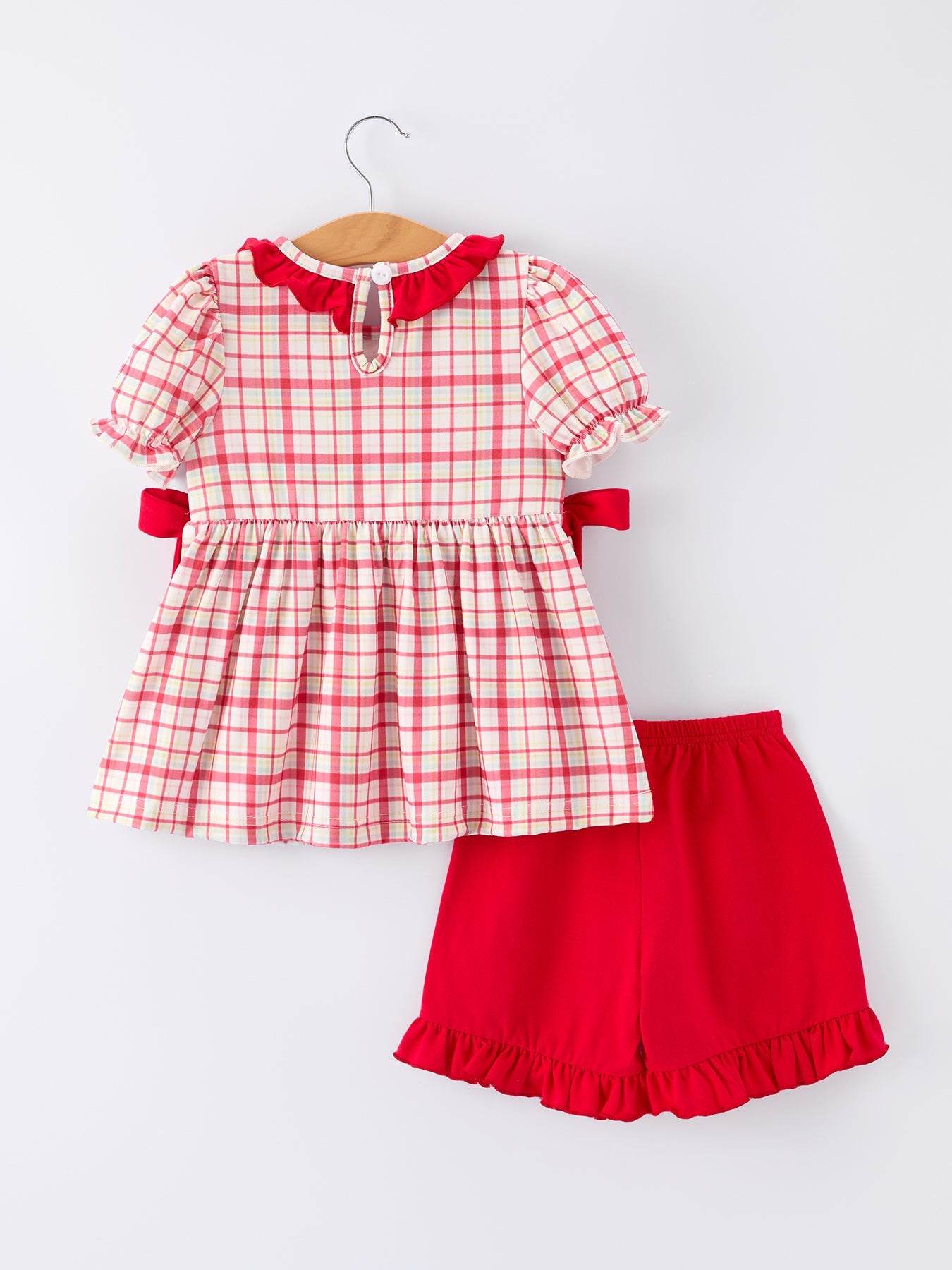 Back To School School Bus Embroidery Plaid Girls Set Ruffle Bow Outfit - detail view