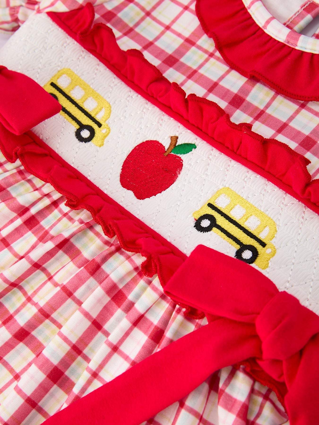 Back To School School Bus Embroidery Plaid Girls Set Ruffle Bow Outfit - side view