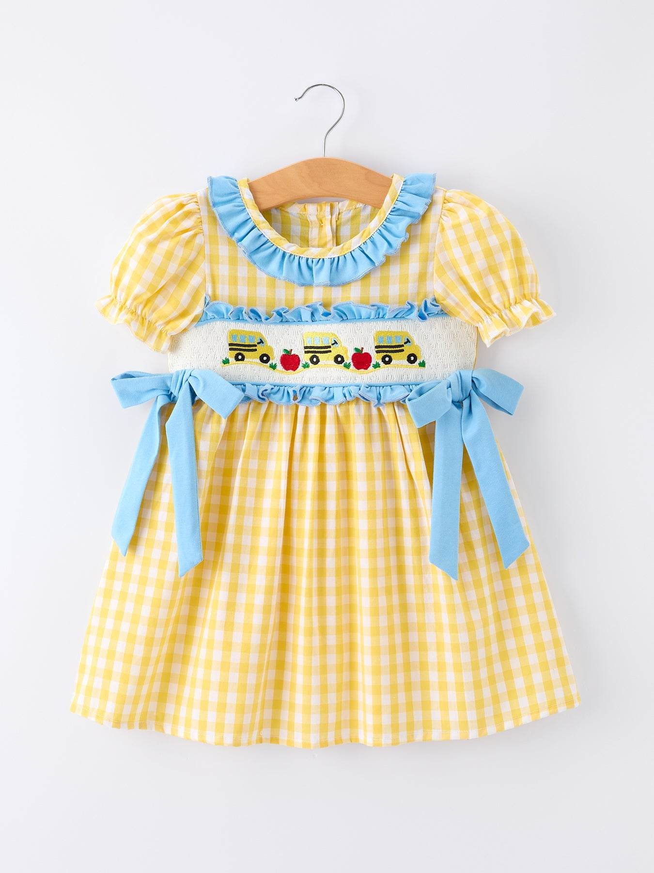 Back To School School Bus Plaid Girls Dress Ruffle Collar Bow - front view