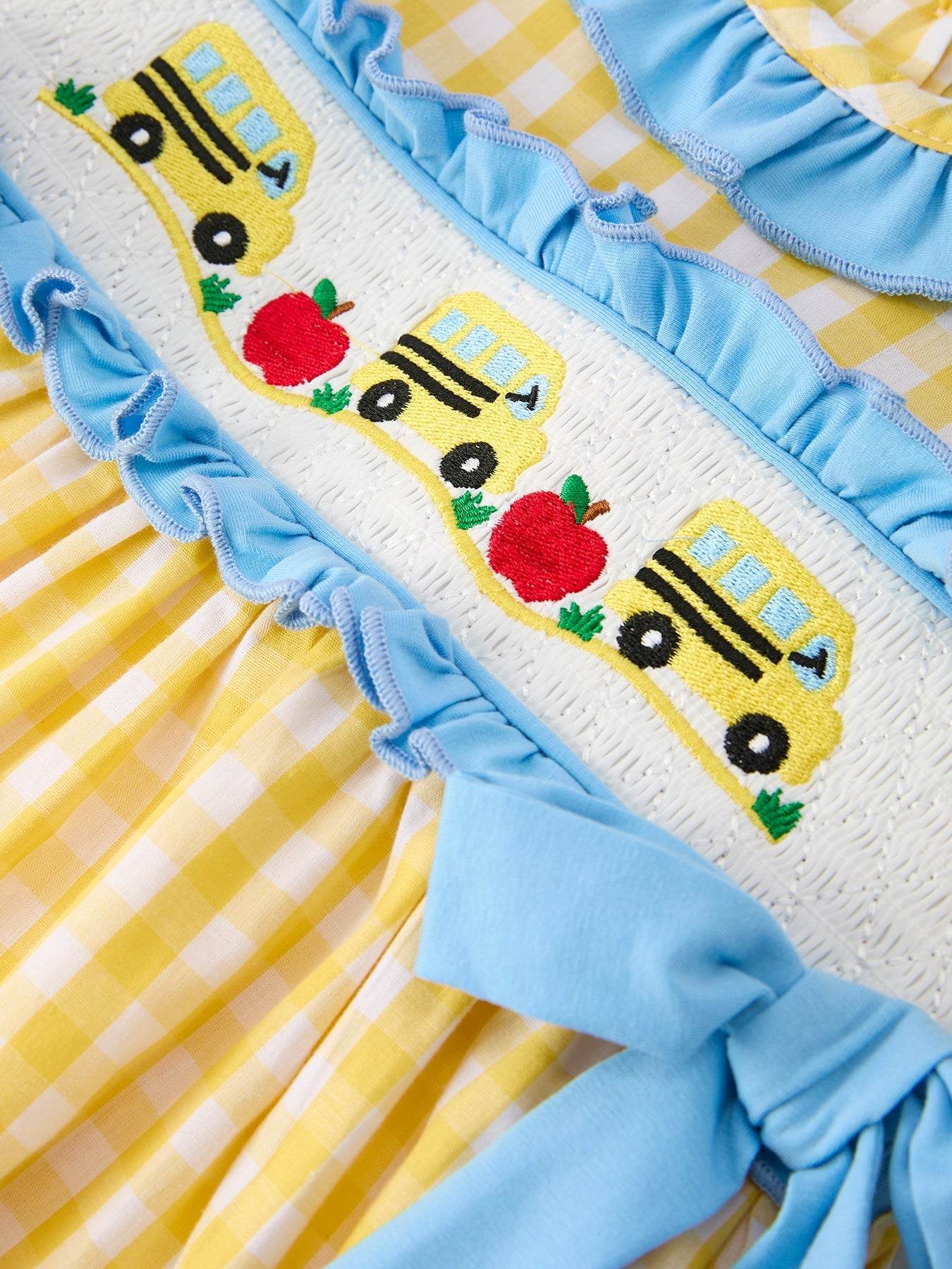 Back To School School Bus Plaid Girls Dress Ruffle Collar Bow - side view