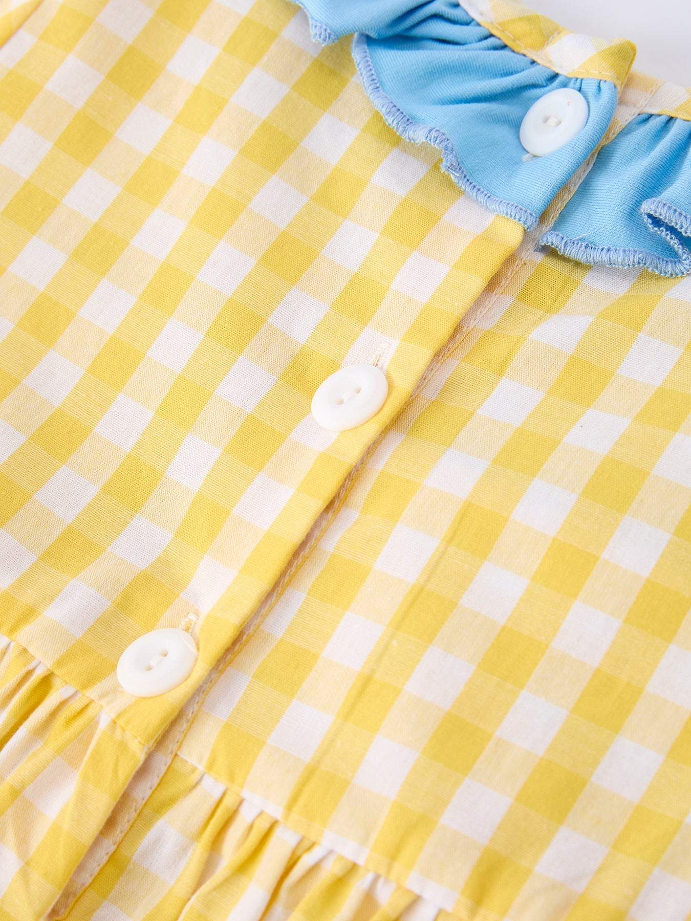 Back To School School Bus Plaid Girls Dress Ruffle Collar Bow - fabric and material close-up
