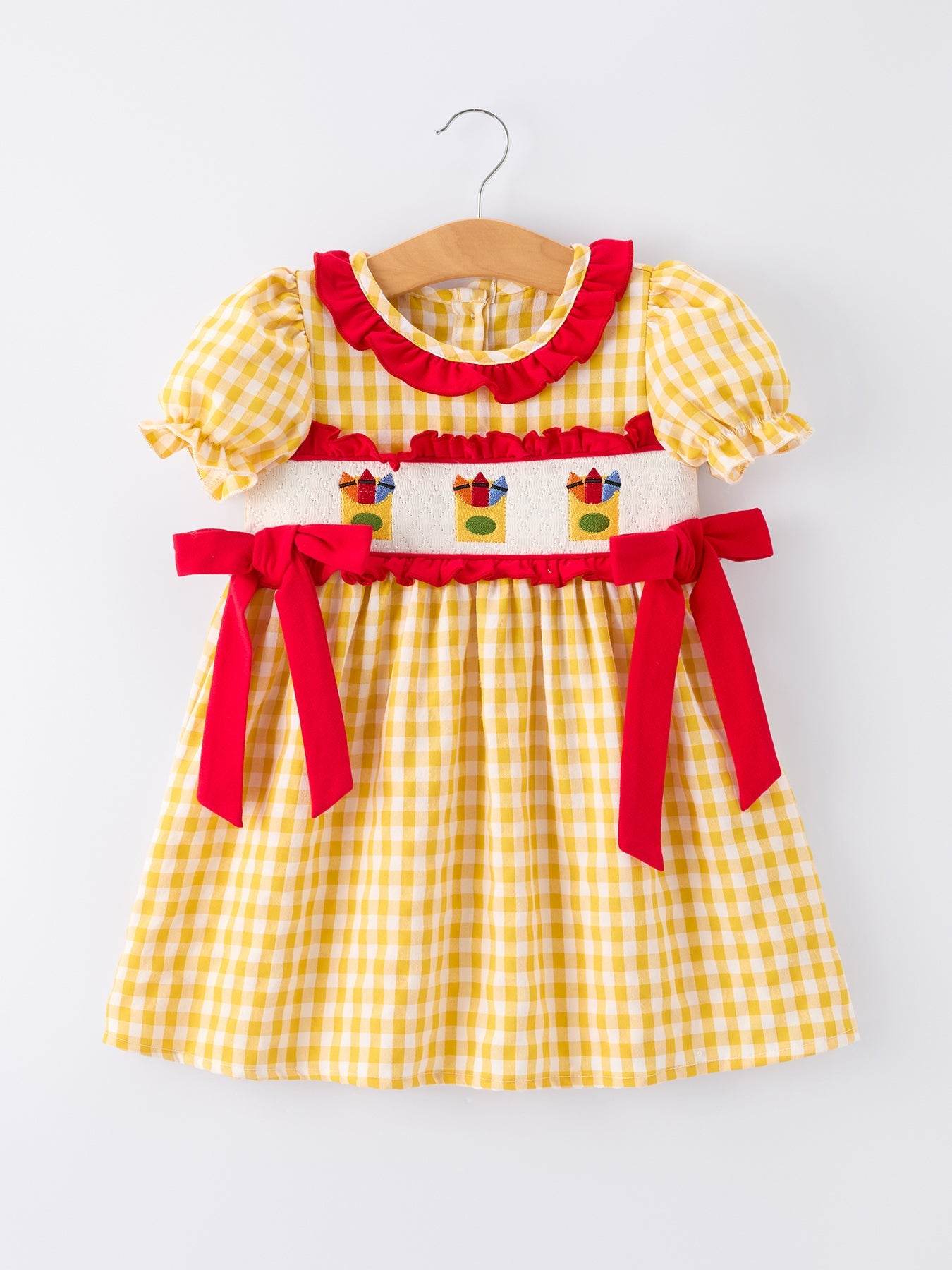 Back To School Supply Plaid Girls Dress Ruffle Collar Bow - front view