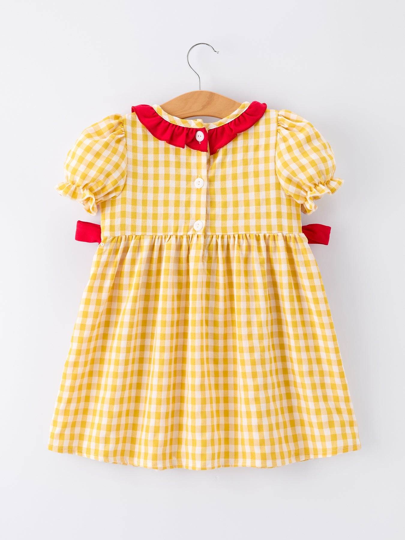 Back To School Supply Plaid Girls Dress Ruffle Collar Bow - detail view