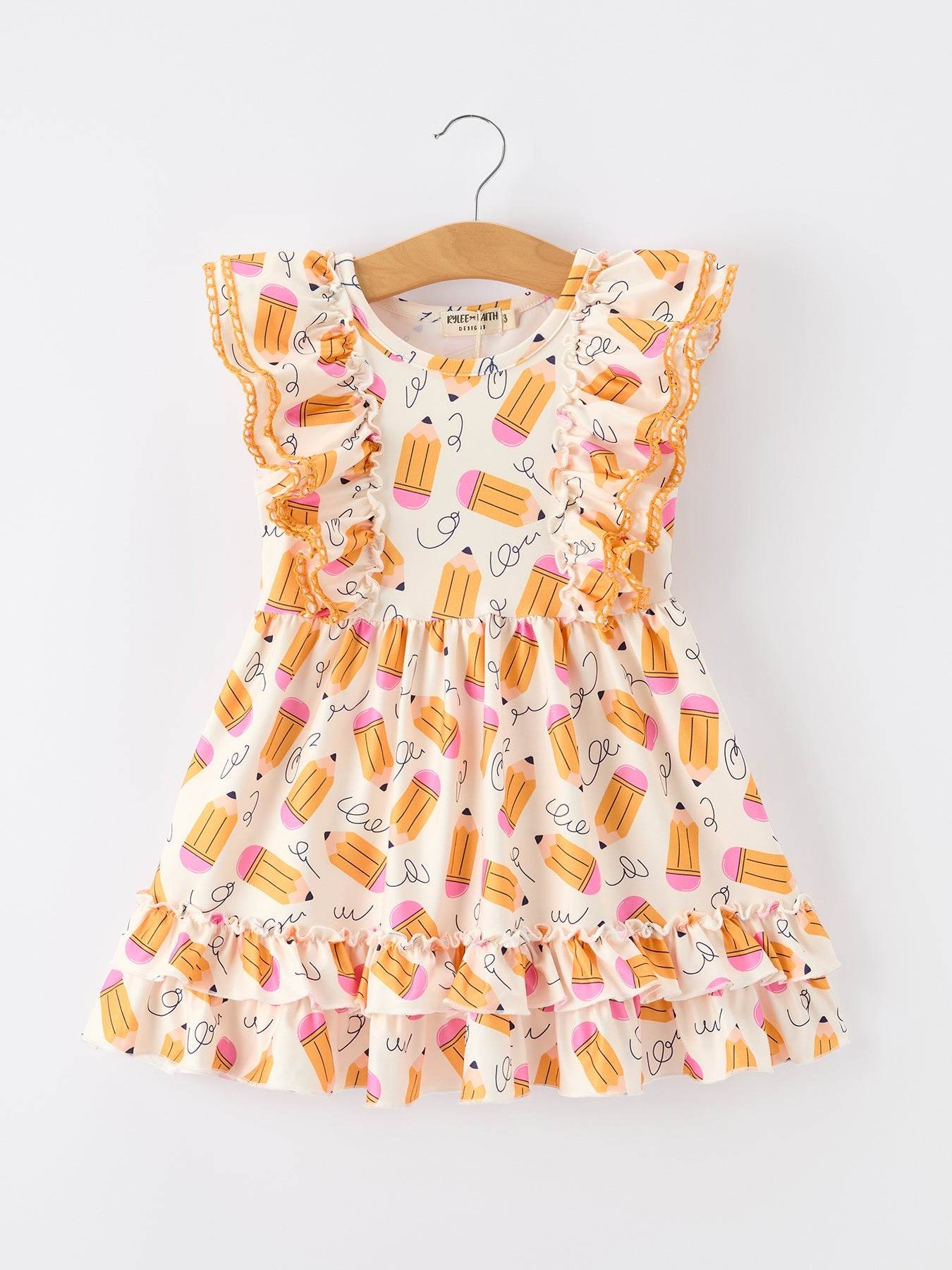 Girls Back To School Pencil Twirl Dress Ruffle Flutter Sleeve - front view