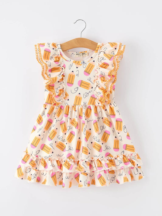 Girls Back To School Pencil Twirl Dress Ruffle Flutter Sleeve