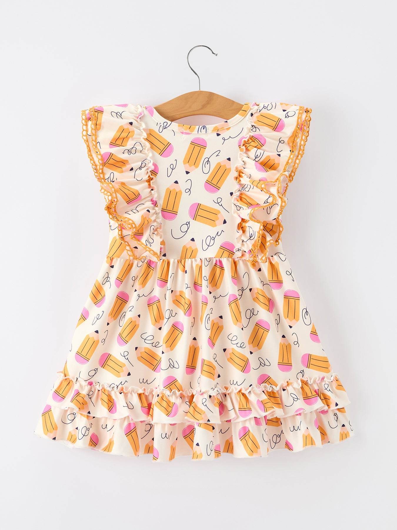 Girls Back To School Pencil Twirl Dress Ruffle Flutter Sleeve - detail view
