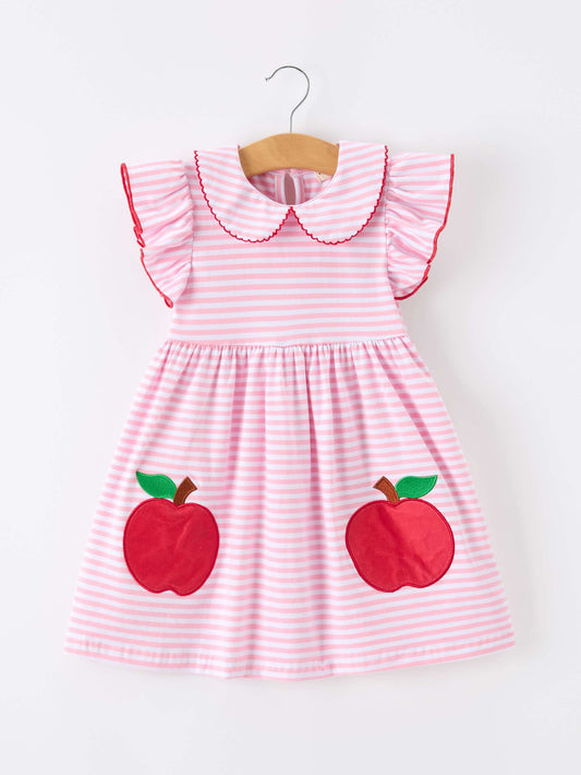 Girls Back To School Apple Applique Twirl Dress Ruffle Petal Collar