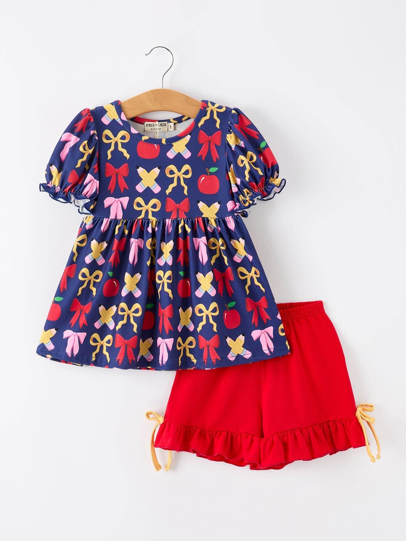 Girls Back To School Apple Pencil Outfit Set Bow Ruffle - front view