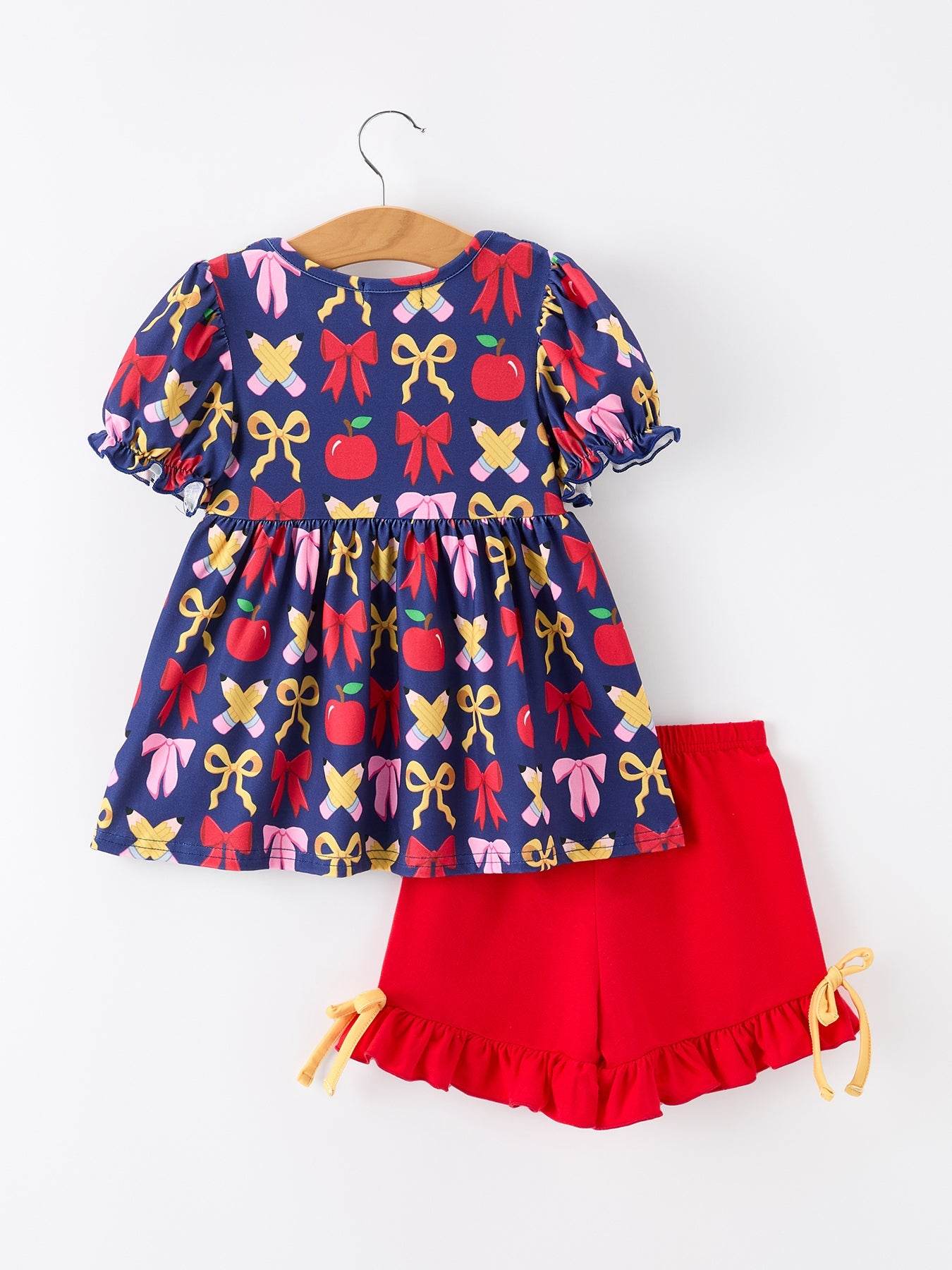 Girls Back To School Apple Pencil Outfit Set Bow Ruffle - detail view