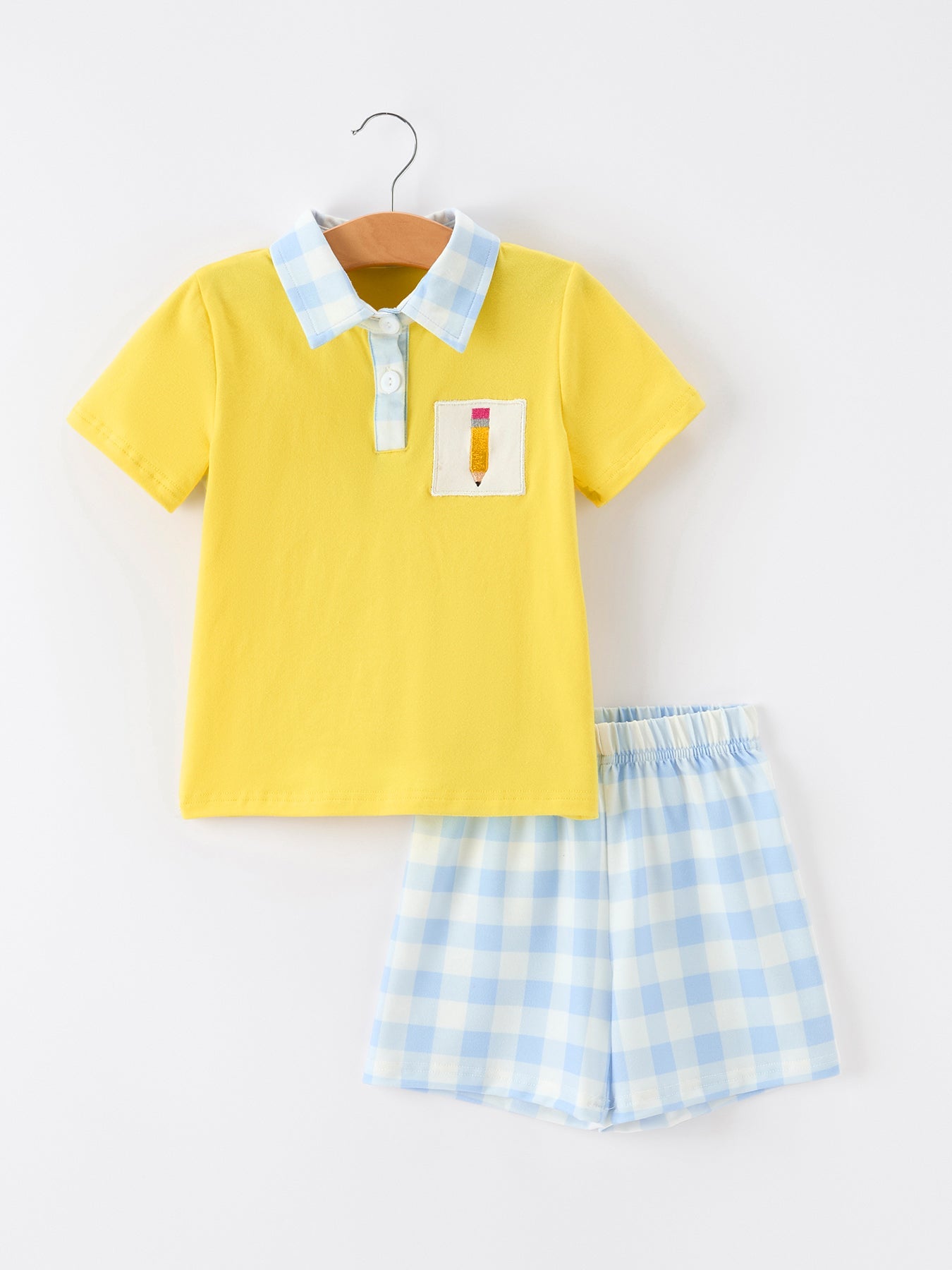 Boys Back To School Pencil Plaid Polo Short Set Embroidery Outfit - front view