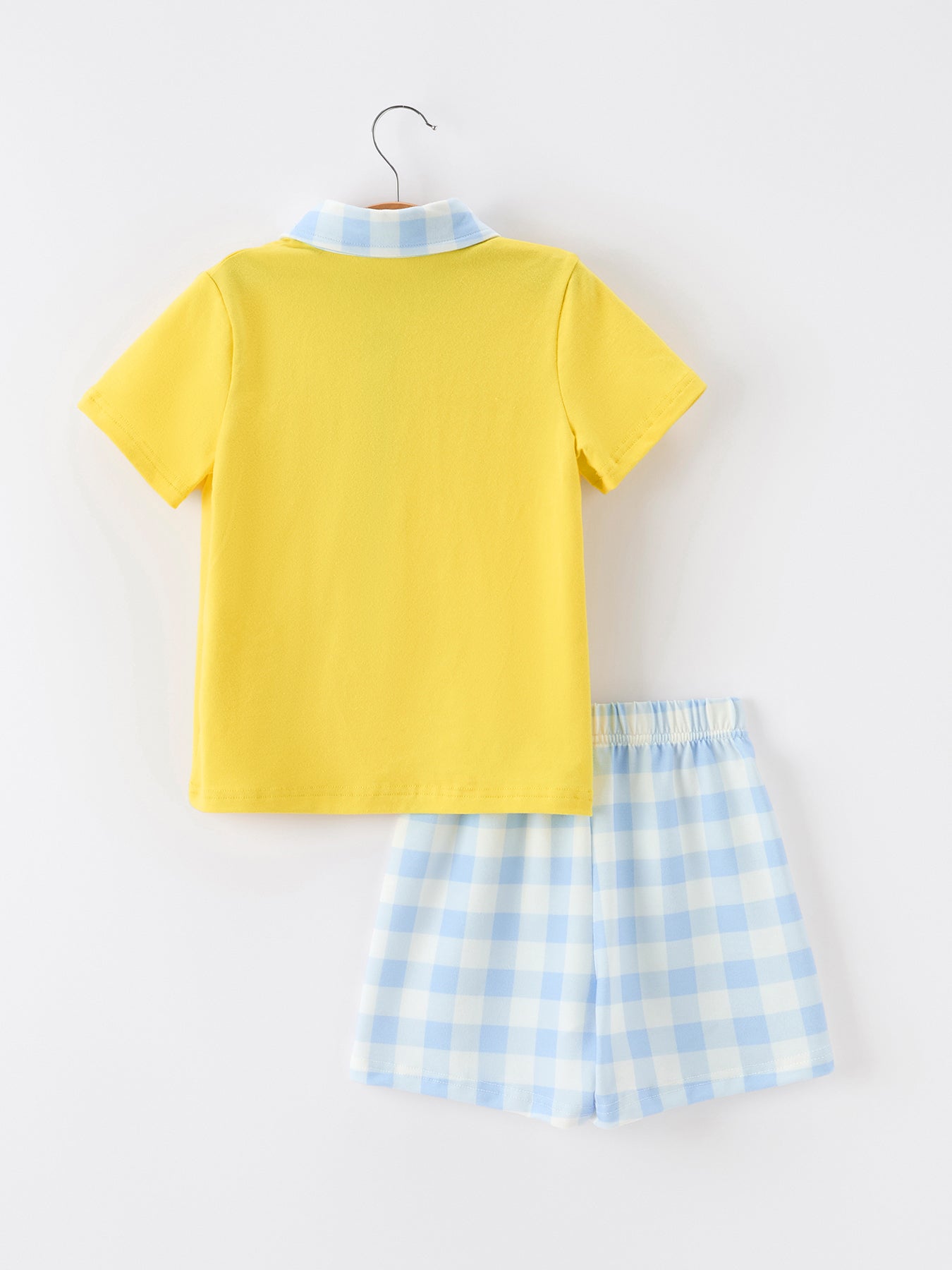 Boys Back To School Pencil Plaid Polo Short Set Embroidery Outfit - detail view