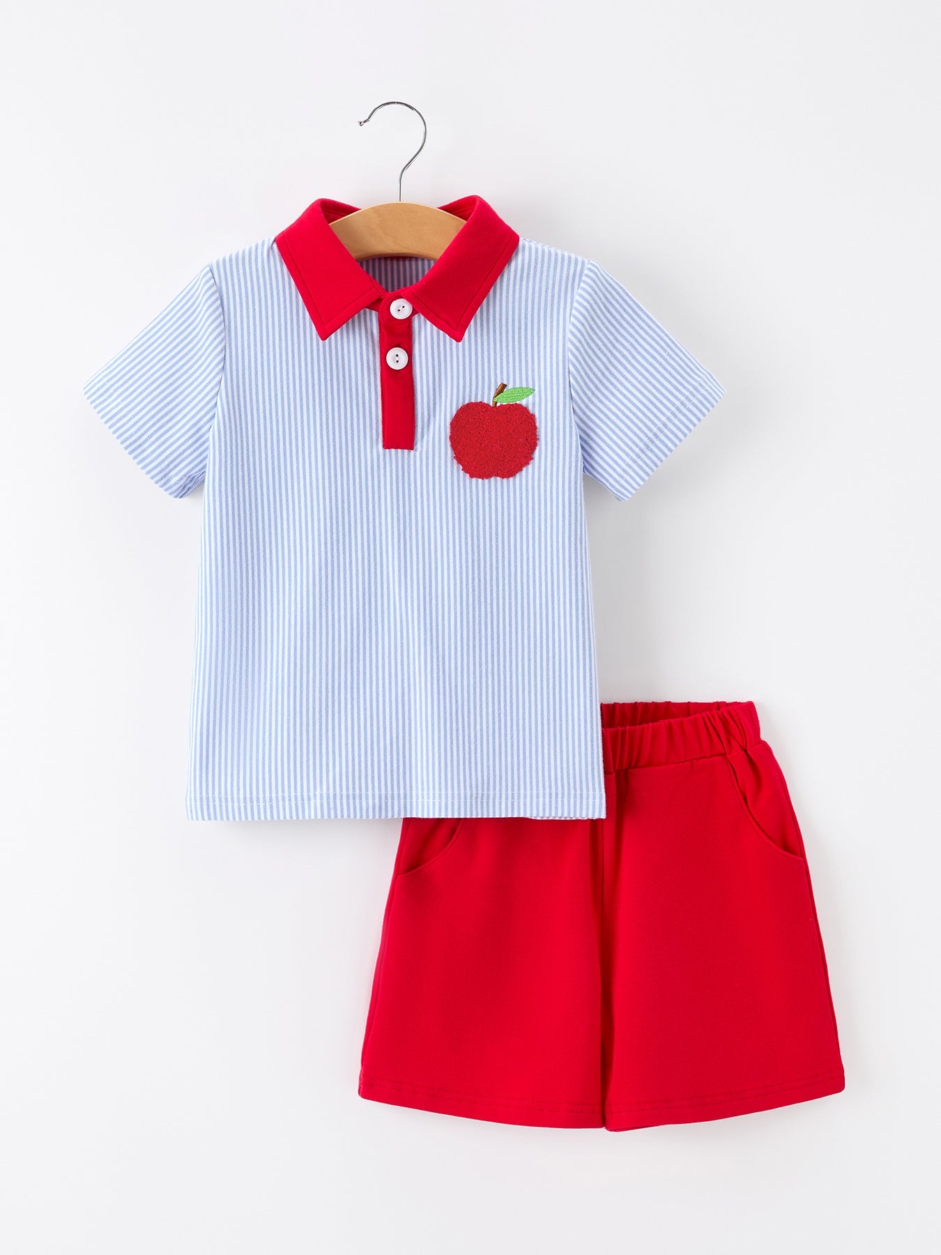 Boys Back To School Apple Polo Short Set Outfit - front view