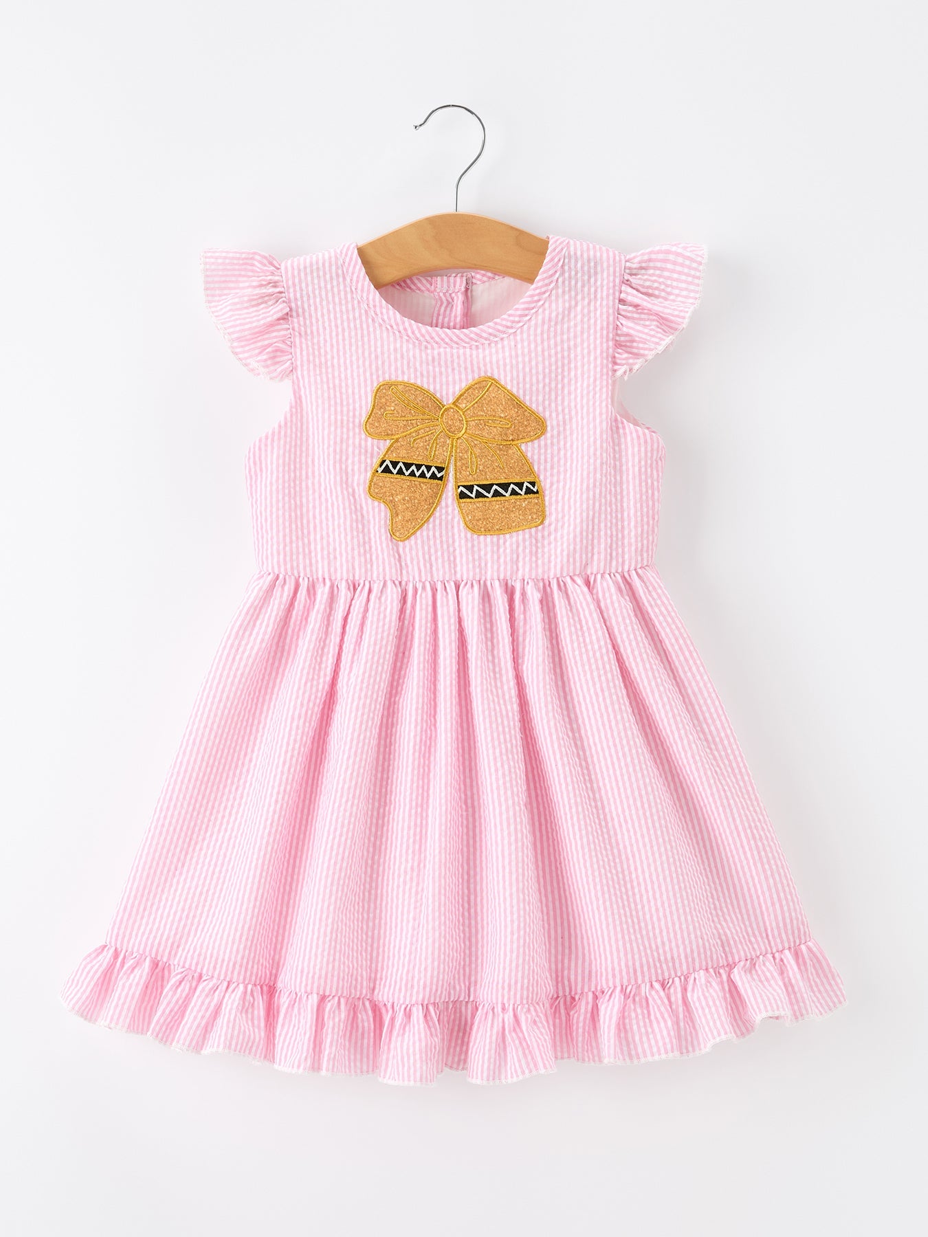 Girls Back To School Bow Twirl Dress Ruffle Applique Pink - front view