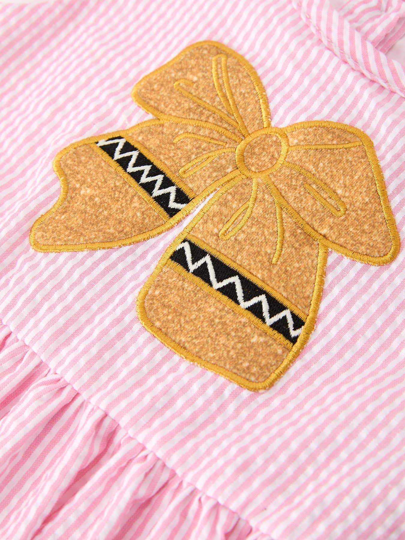 Girls Back To School Bow Twirl Dress Ruffle Applique Pink - back view