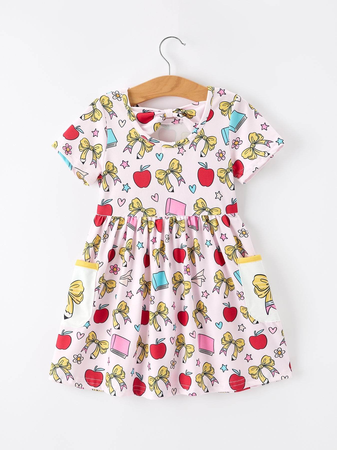 Girls Back To School Apple Bow Pocket Twirl Dress - detail view