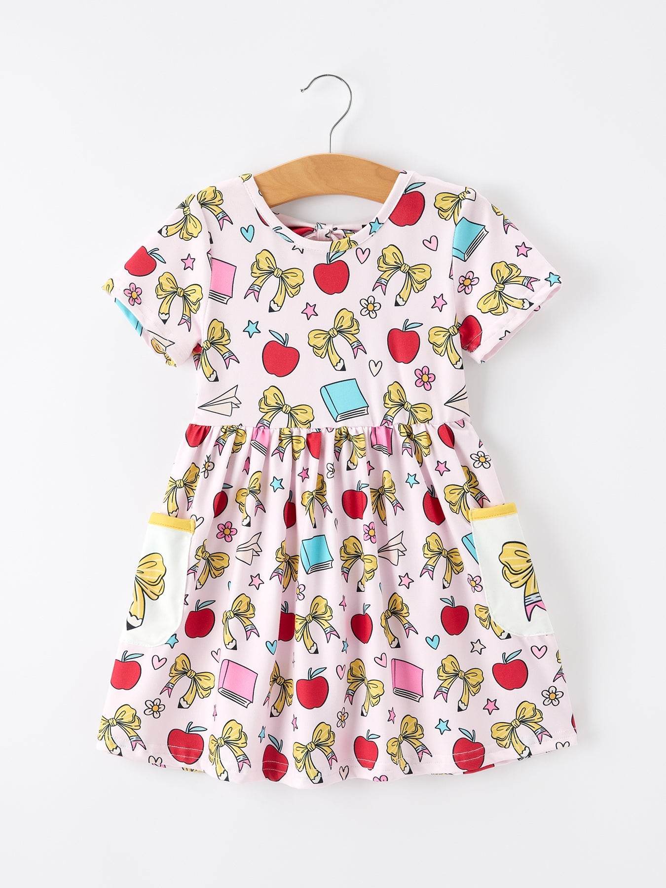 Girls Back To School Apple Bow Pocket Twirl Dress - front view