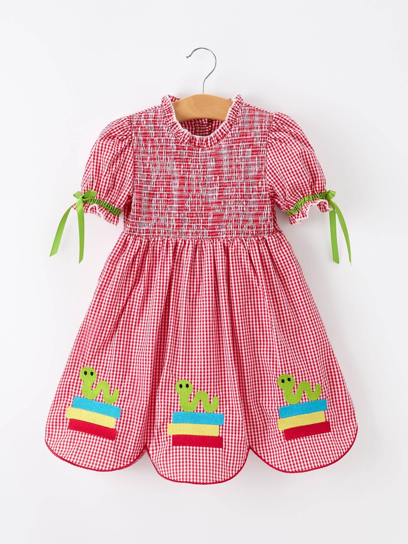 Girls Back To School Worm Plaid Twirl Dress Smocked
