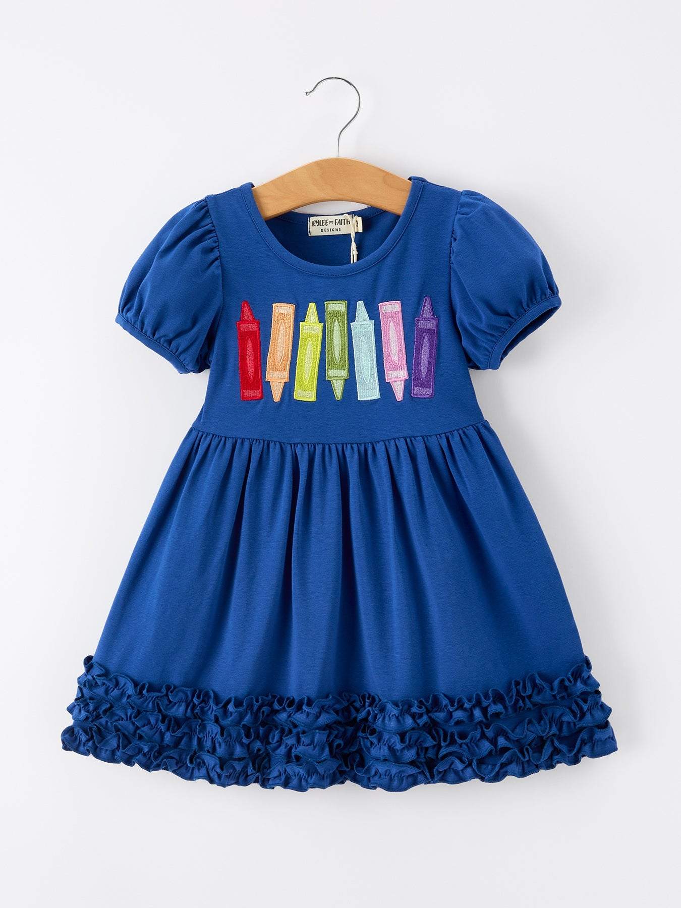 Girls Back To School Crayon Twirl Dress Ruffle Applique - front view