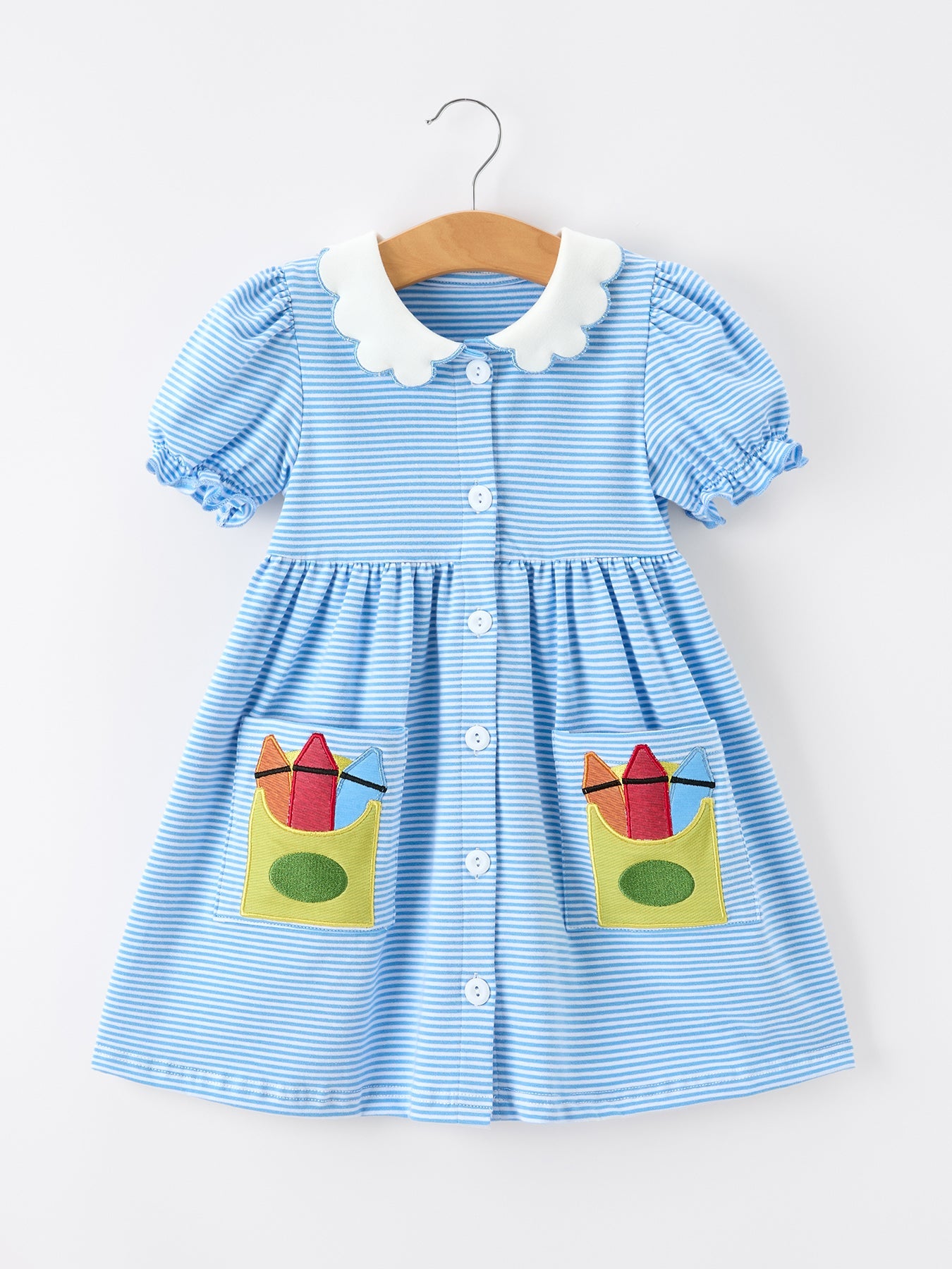 Girls back to school pencil applique dress with petal collar front view