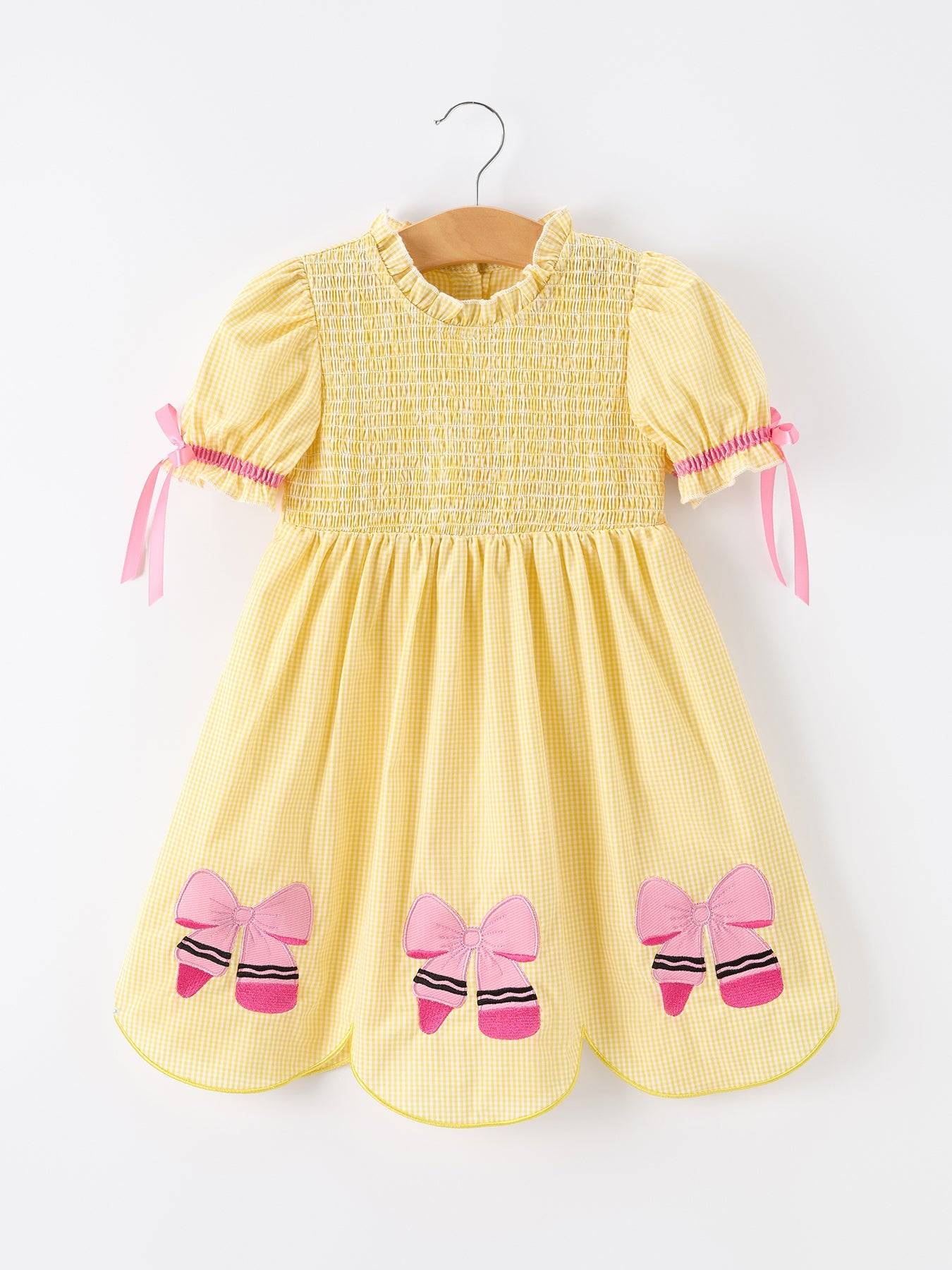 Girls Back To School Pencil Twirl Yellow Dress Bow Applique Smocked