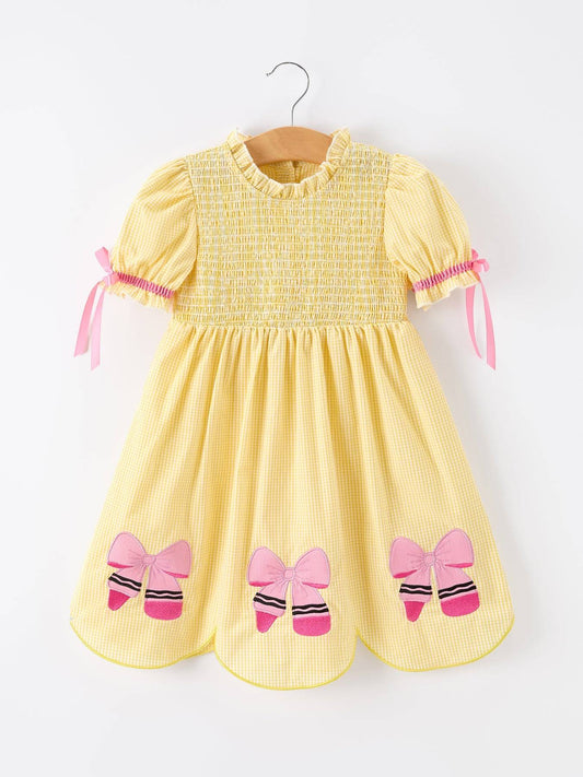 Girls Back To School Pencil Twirl Yellow Dress Bow Applique Smocked