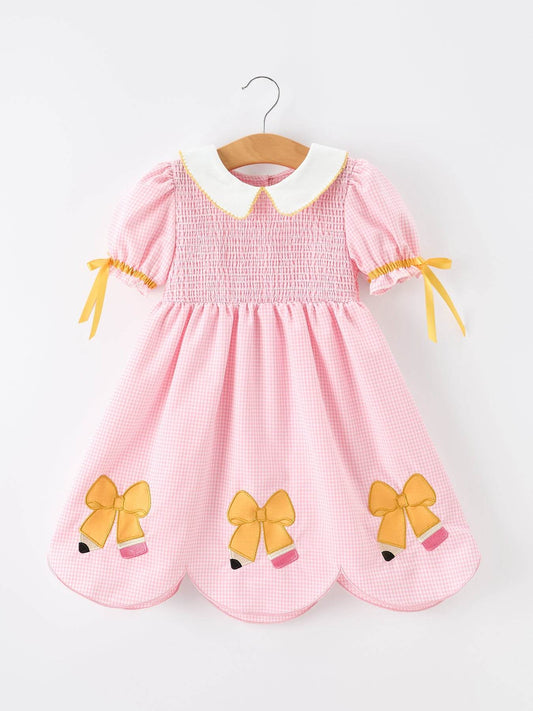 Girls Back To School Pencil Twirl Dress Bow Applique Smocked
