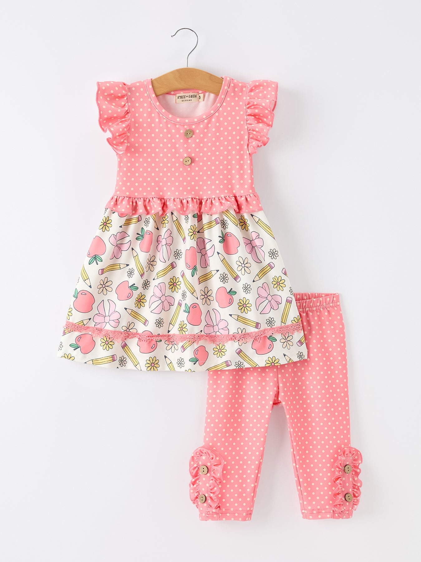 Girls Back To School Apple Pencil Polka Dot Dress Leggings Set Outfit - front view
