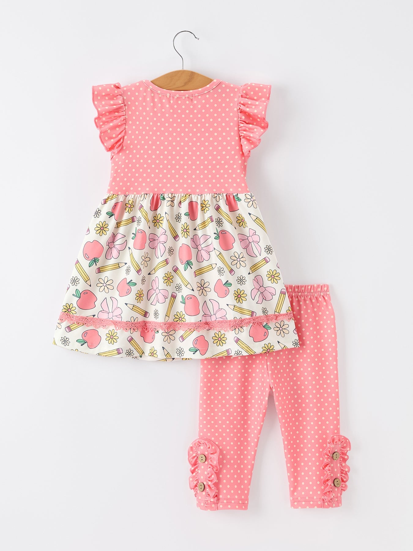 Girls Back To School Apple Pencil Polka Dot Dress Leggings Set Outfit - detail view