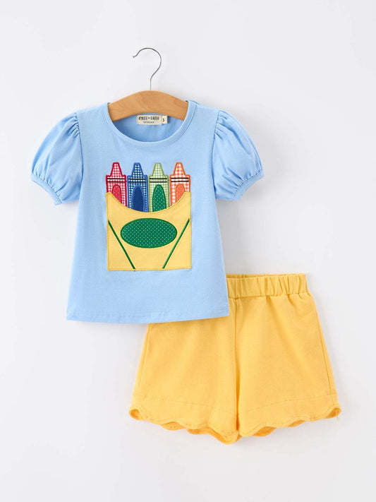 Girls Back To School Crayon Applique Top Shorts Set