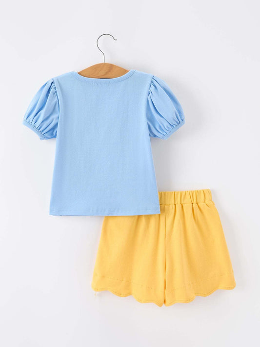 Girls Back To School Crayon Applique Top Shorts Set outfit detail view