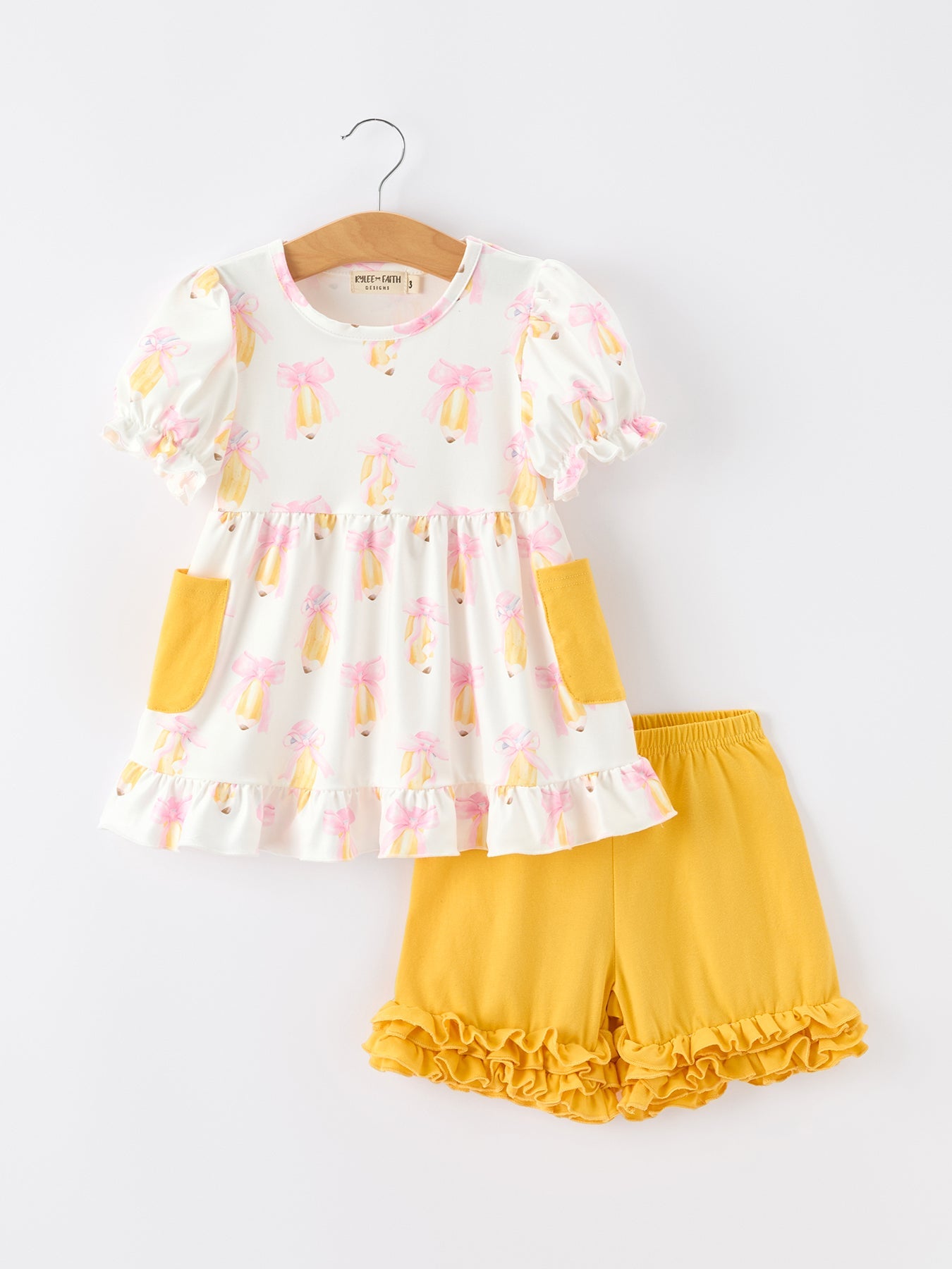 Girls Back To School Pencil Bow Pocket Ruffle Top Shorts Set Outfit - front view