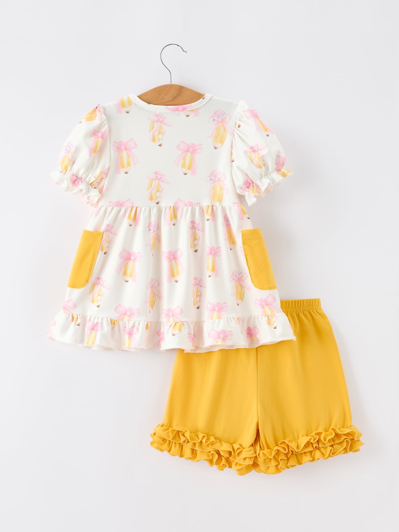 Girls Back To School Pencil Bow Pocket Ruffle Top Shorts Set Outfit - detail view