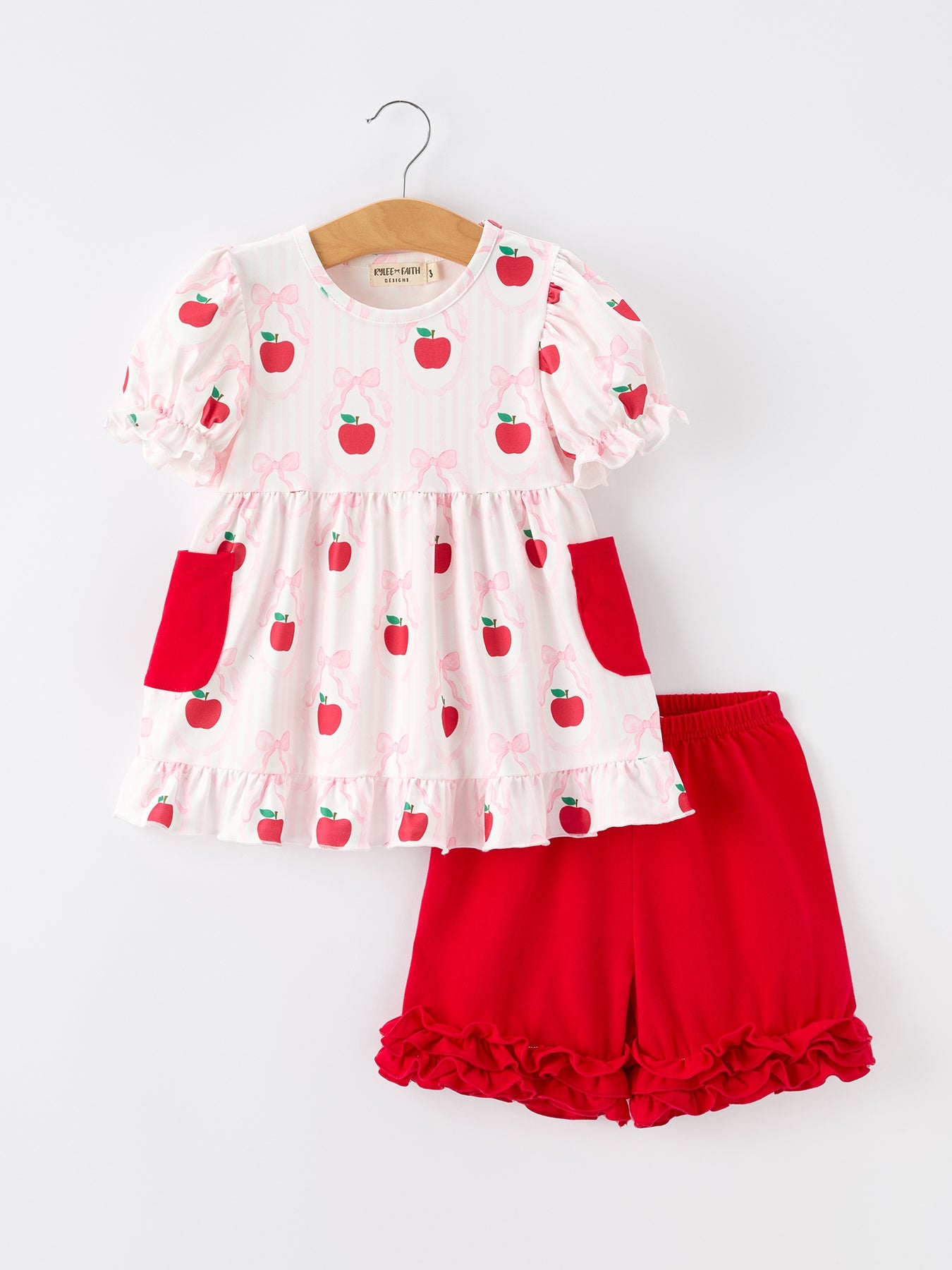 Girls Back To School Apple Bow Pocket Ruffle Top Shorts Set Outfit - front view