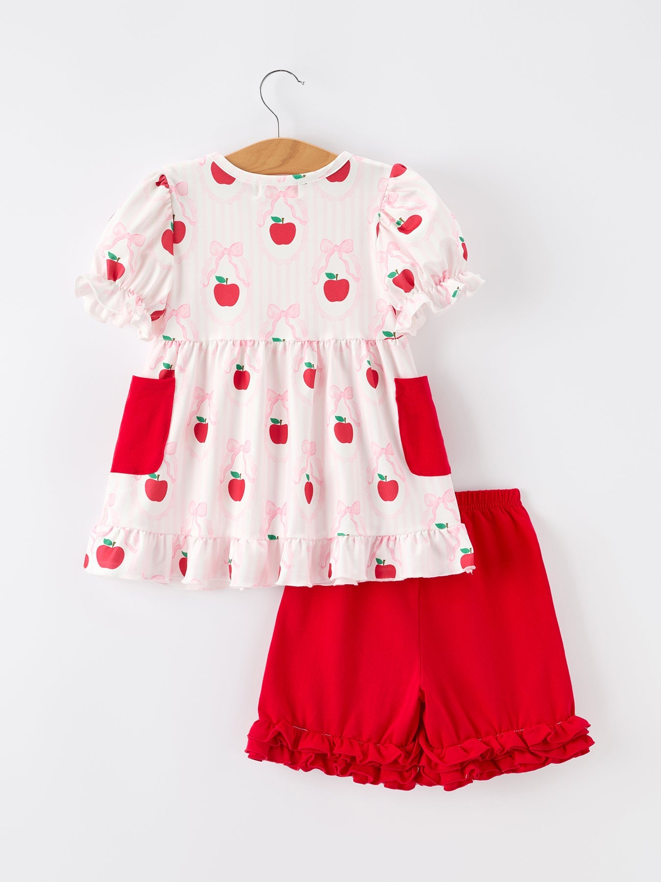 Girls Back To School Apple Bow Pocket Ruffle Top Shorts Set Outfit - detail view