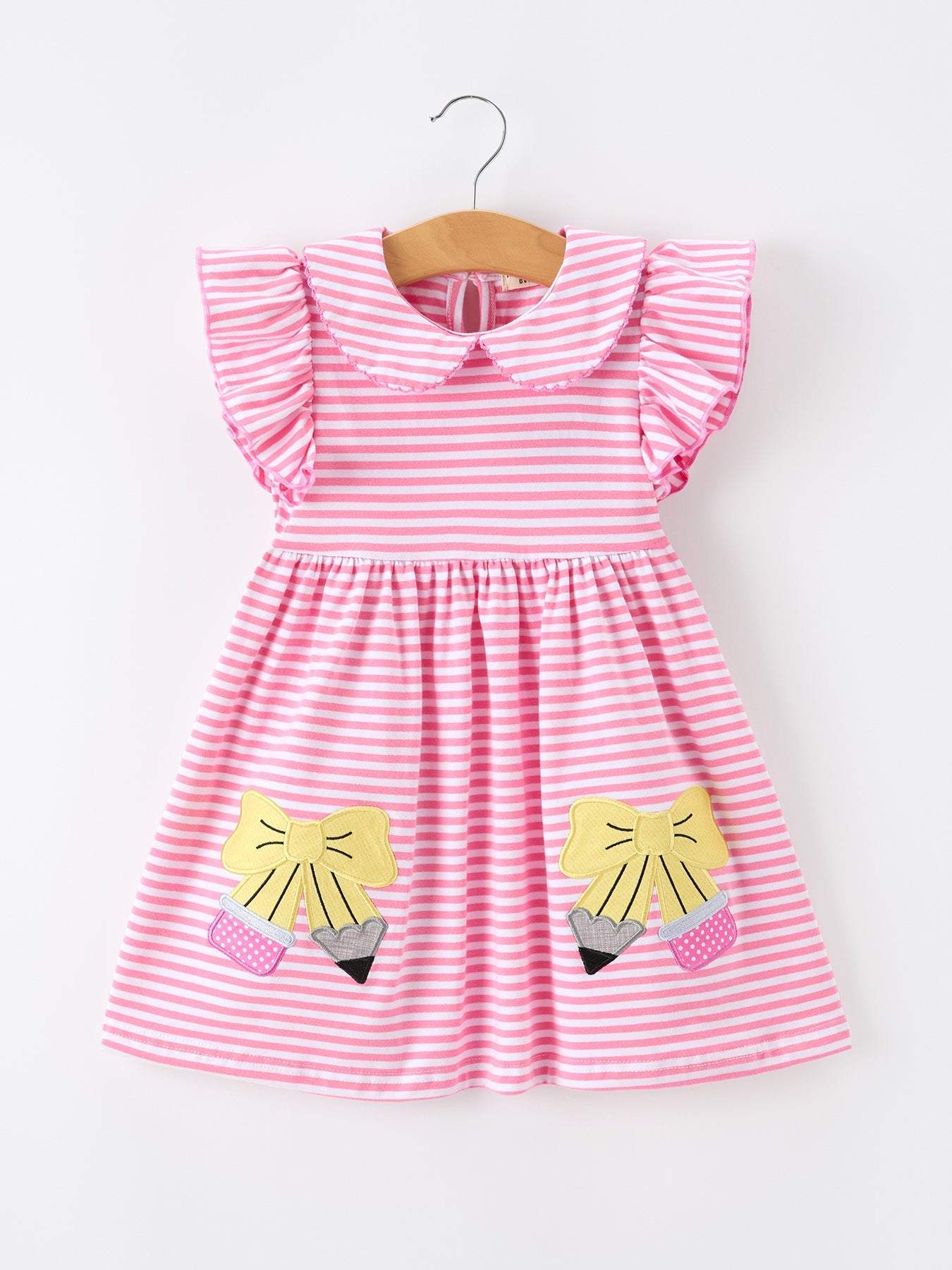 Girls Back To School Bow Pencil Twirl Dress Ruffle Petal Collar Applique - front view