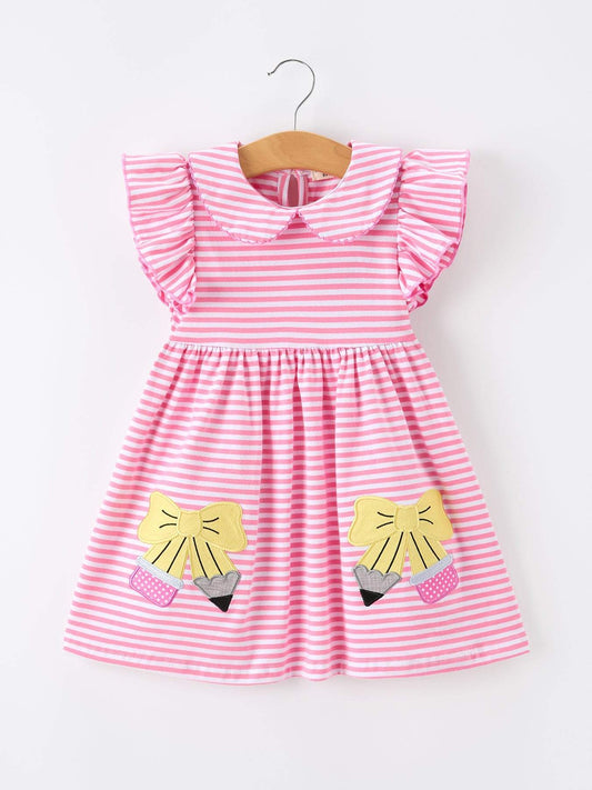 Girls Back To School Bow Pencil Twirl Dress Ruffle Petal Collar Applique