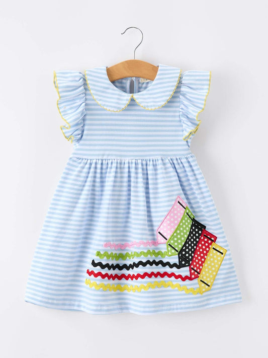 Girls Back To School Crayon Dress Ruffle Petal Collar Applique
