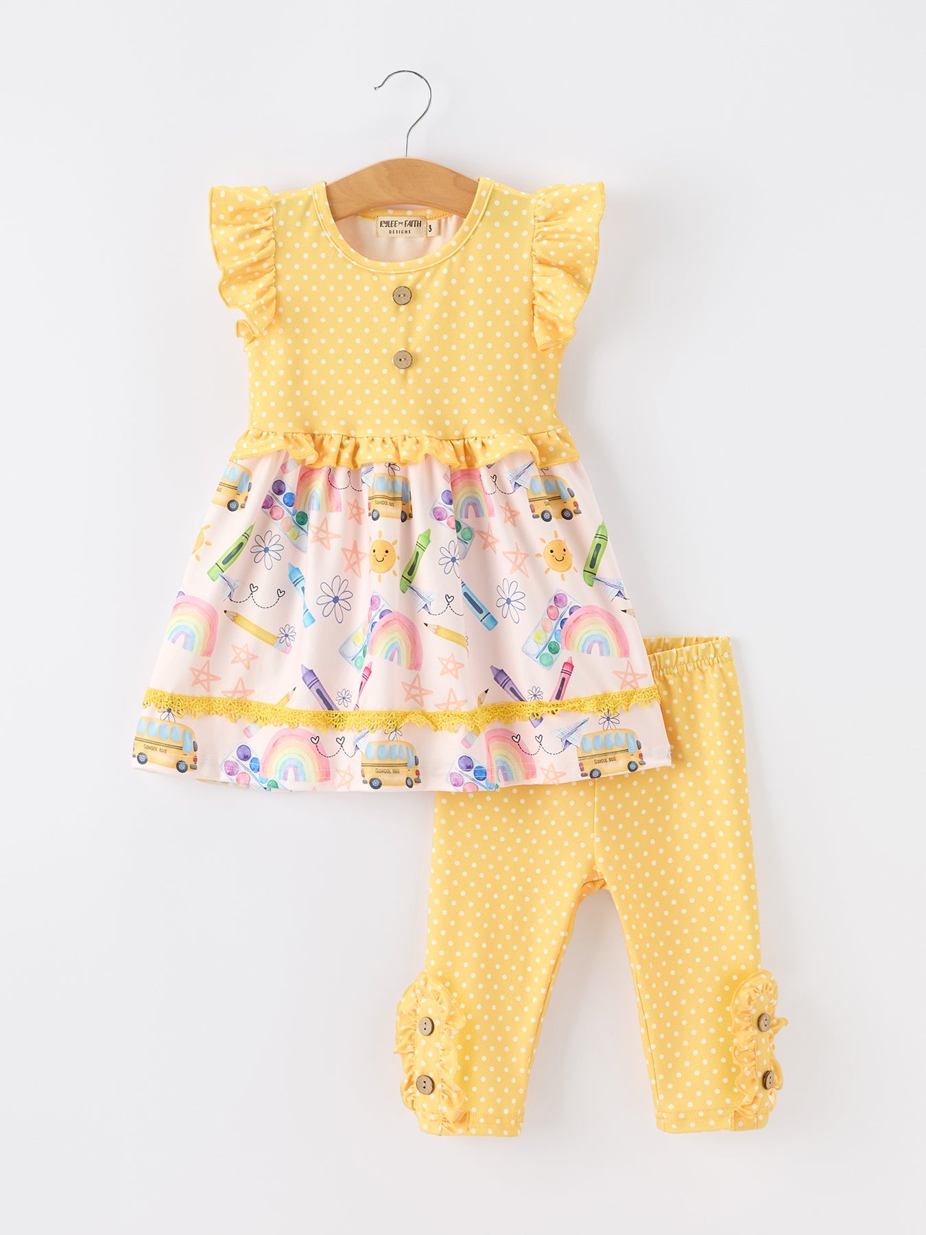Girls Back To School Rainbow School Bus Ruffle Dress Leggings Set Outfit - front view
