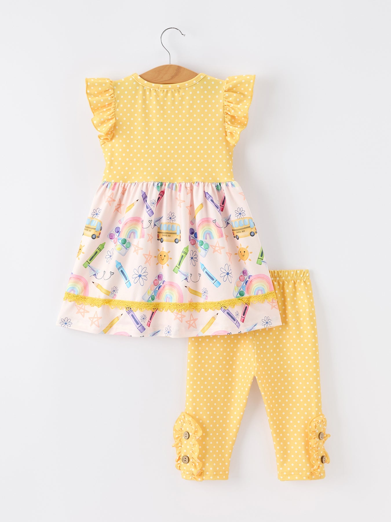 Girls Back To School Rainbow School Bus Ruffle Dress Leggings Set Outfit - detail view