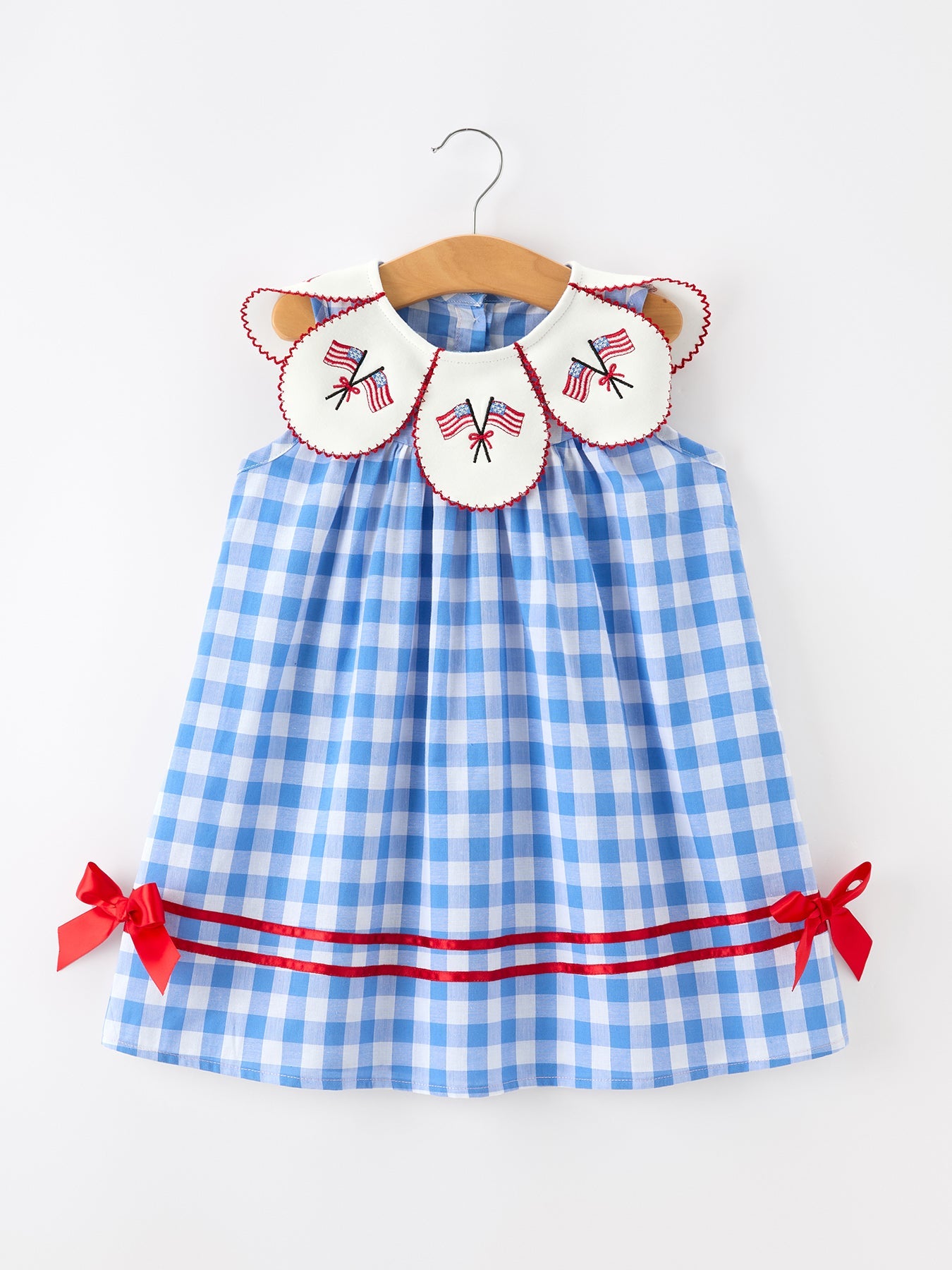 Girls 4th of July Plaid Twirl Dress Bow Embroidery Petals Collar - front view