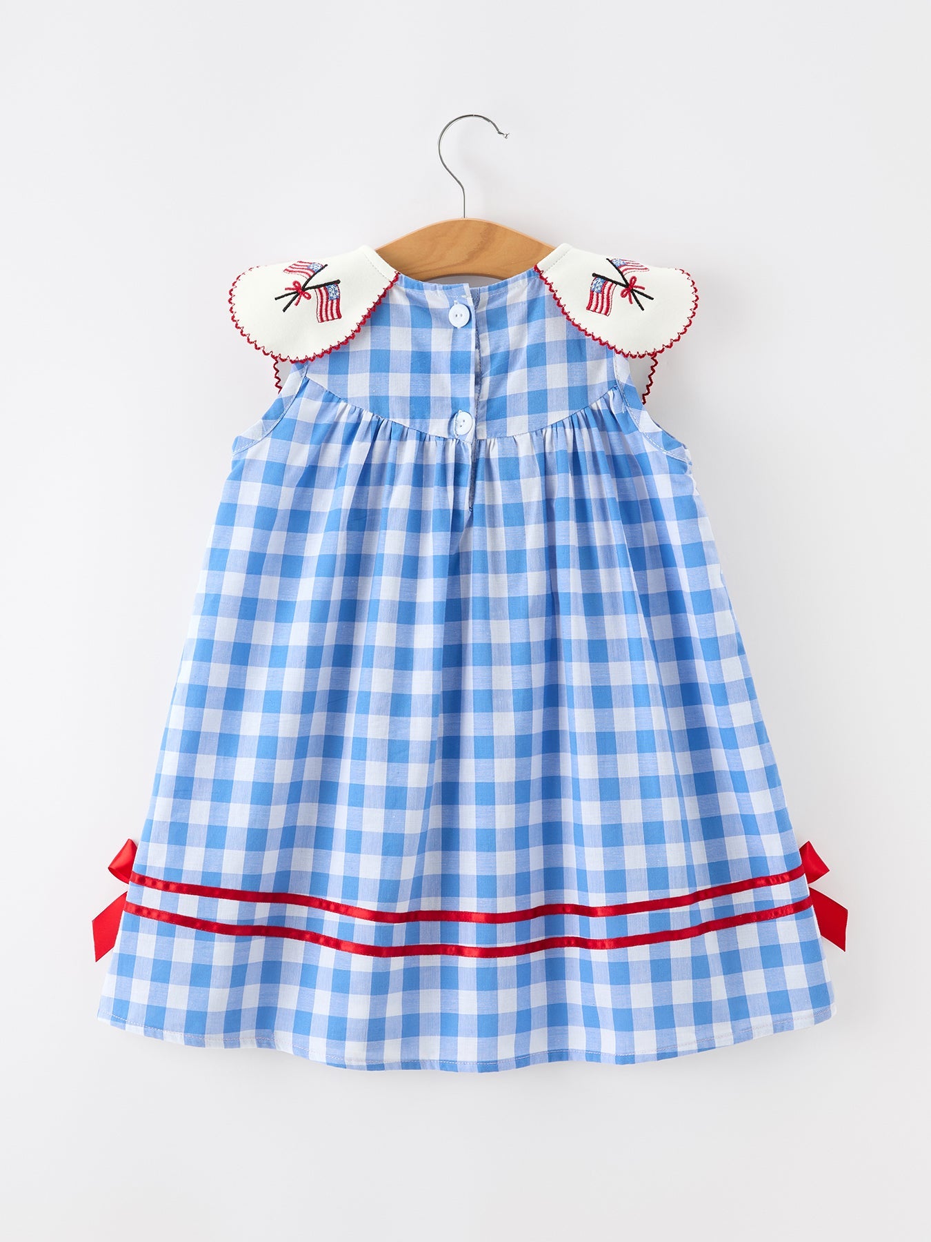 Girls 4th of July Plaid Twirl Dress Bow Embroidery Petals Collar - detail view