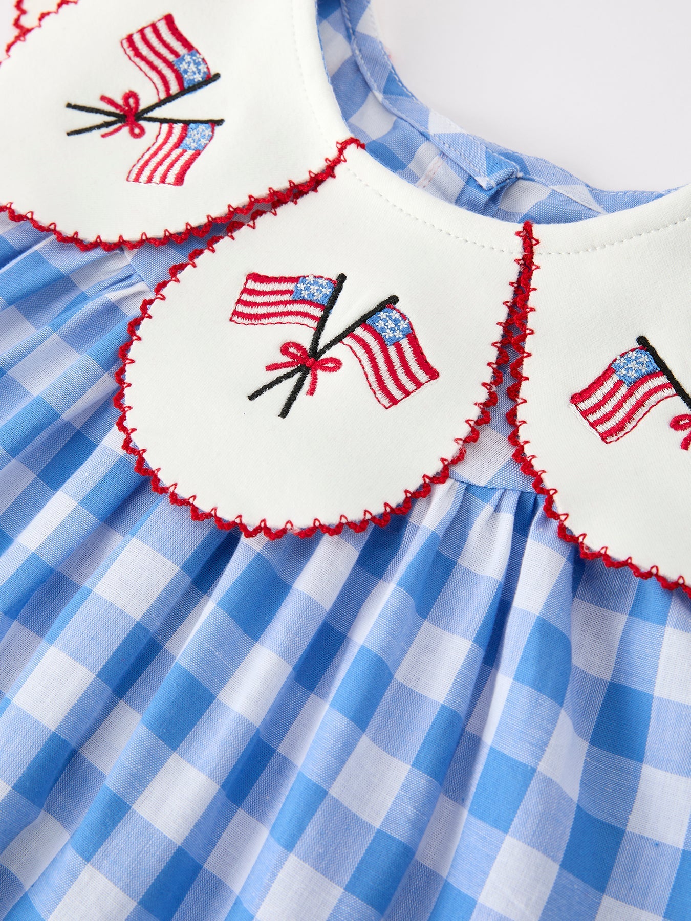 Girls 4th of July Plaid Twirl Dress Bow Embroidery Petals Collar - back view