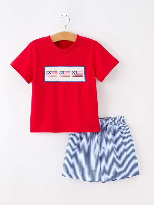 Girls 4th of July Flag Outfit Set Embroidery Plaid