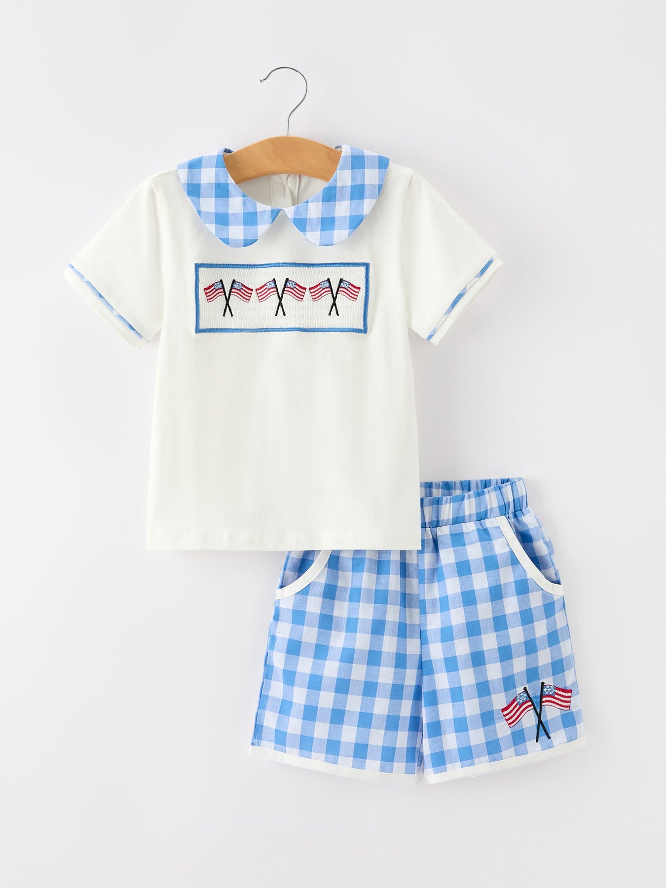 Girls 4th of July Plaid Outfit Set Flag Embroidery Peter Pan Collar - front view