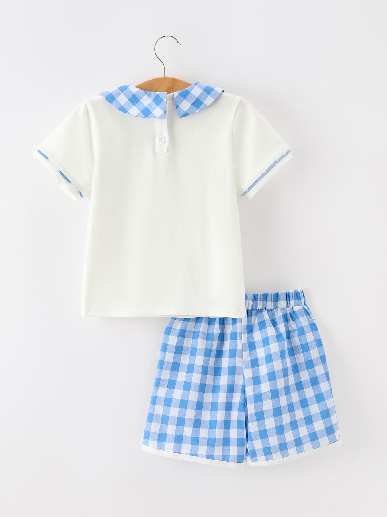 Girls 4th of July Plaid Outfit Set Flag Embroidery Peter Pan Collar - detail view