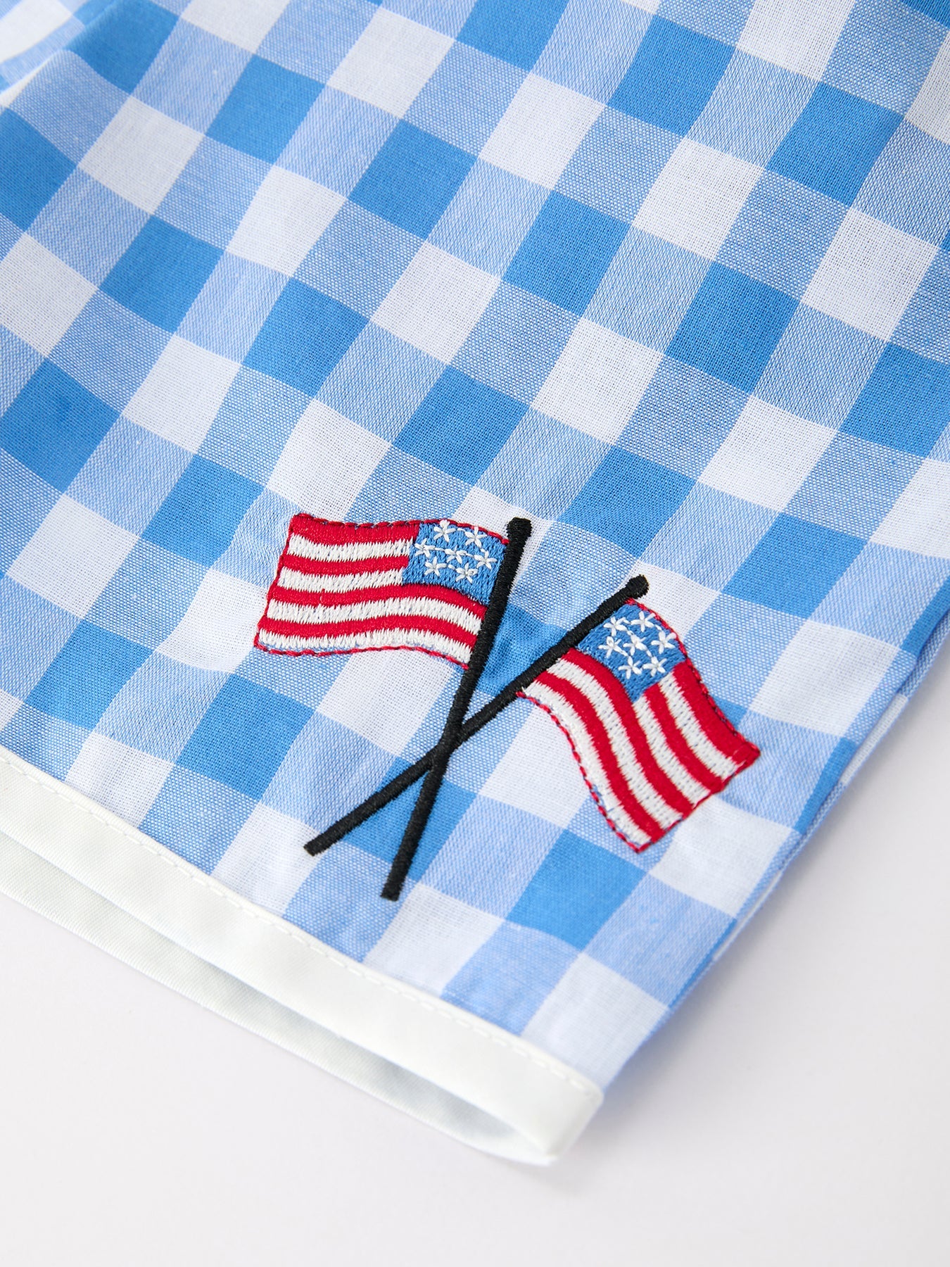 Girls 4th of July Plaid Outfit Set Flag Embroidery Peter Pan Collar - fabric and material close-up
